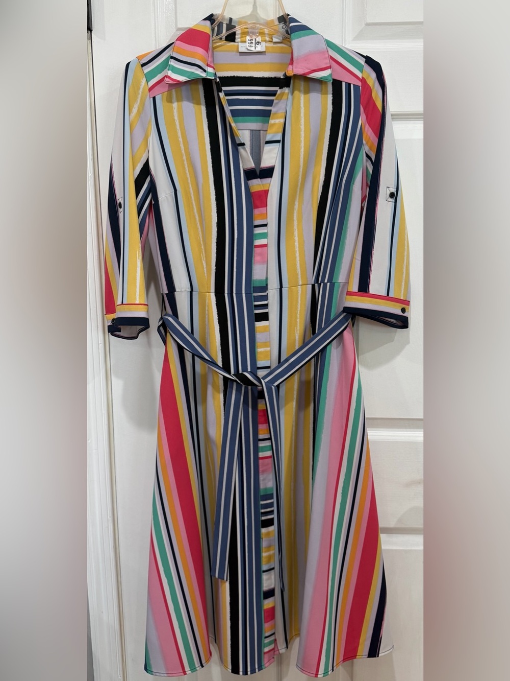 New York & Company Multicolor Striped Belted Midi Dress